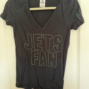 PINK Victoria's Secret Black 'JETS FAN' V-Neck Tee with Green Accent